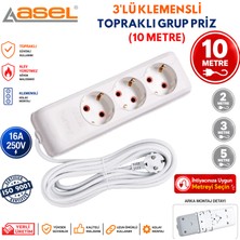 Asel 3'lü Topraklı Grup Priz Uzatma Kablosu 10 Metre