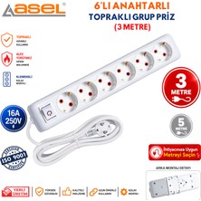Asel 6'lı Anahtarlı Topraklı Grup Priz Uzatma Kablosu 3 Metre