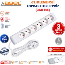 Asel 6'lı Topraklı Grup Priz Uzatma Kablosu 3 Metre