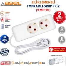 Asel 2'li Topraklı Grup Priz Uzatma Kablosu 2 Metre