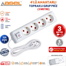 Asel 4'lü Anahtarlı Topraklı Grup Priz Uzatma Kablosu 3 Metre