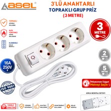 Asel 3'lü Anahtarlı Topraklı Grup Priz Uzatma Kablosu 3 Metre