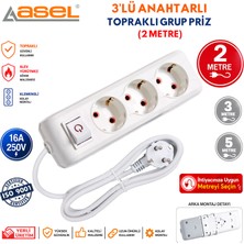 Asel 3'lü Anahtarlı Topraklı Grup Priz Uzatma Kablosu 2 Metre