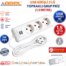 Asel 3'lü Usb'li Topraklı Grup Priz Uzatma Kablosu 1,5 Metre