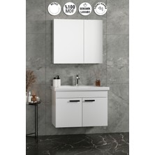 Özceden Çiğdem Kulplu 80 cm Beyaz Mdf Seramik Lavabolu Asma Banyo Dolabı Takımı