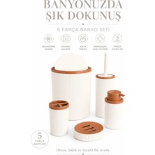 Beren Shop 5 Parça Beyaz Çizgili Banyo Seti Çöp Kovası Klozet Fırçası Sıvı Sabunluk Diş Fırçalık Sabunluk