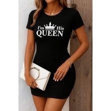 Etiler Collection Kadın Kısa Kollu Queen Baskı Iki Iplik Mini Elbise