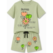 Yiğit Butik Kız Çocuk Bloom Baskılı Şortlu Takım Yazlık Çiçek Desenli Alt Üst Ikili Takım