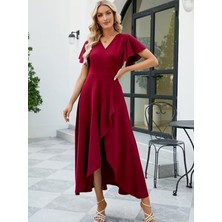 Etiler Collection Kadın Kısa Kollu Kruvaze Yakalı Ön Asimetrik Volanlı Uzun Ithal Krep Elbise