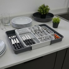 Die Grup Deconox Çekmece Içi Sürgülü Çatal Kaşık ve Bıçaklık Organizeri - Genişleyebilir Modüler Mutfak Düzenleyici (Açık 55 Cm, Kapalı 34 Cm) - Açık Gri ve Antrasit Renk