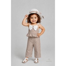 Babyden's Kız Bebek Şapkalı Yazlık Takım 3'lü Doğum Günü Kıyafeti Çizgili Fırfırlı Bluz Pantolon Kombini 9-36 Ay