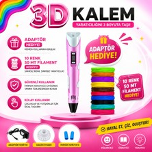 Pembe Renk 3D Kalem 3D Pen Yazıcı Kalem 10 Parça 50+9 Metre Filament Adaptörlü Eğlenceli Tasarım