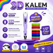 Mor Renk 3D Kalem 3D Pen Yazıcı Kalem 10 Parça 50+9 Metre Filament Adaptörlü Eğlenceli Tasarım