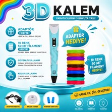 Turkuaz Renk 3D Kalem 3D Pen Yazıcı Kalem 10 Parça 50+9 Metre Filament Adaptörlü Eğlenceli Tasarım
