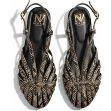 Ne&Ve Shoes Haki Yılan Deri Biye Kadın Günlük Sandalet