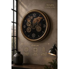 Mars Concept Vintage Dünya Haritalı Dekoratif Duvar Saati 60 cm – Hareketli Çarklı Metal Siyah Gold Büyük Boy Salon Saati