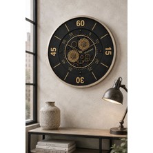 Mars Concept Vintage Dekoratif Çarklı Duvar Saati 60 cm – Hareketli Çarklı Metal Siyah Gold Büyük Boy Salon Saati