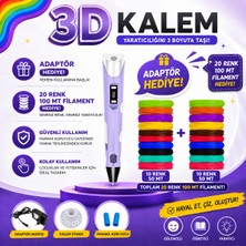Mor Renk 3D Kalem 3D Pen Yazıcı Kalem 100+9 Metre Filament Adaptörlü Eğlenceli Tasarım