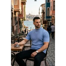 Etiler Collection Erkek Fitilli Triko Dokuma Kısa Kol Tişört Yarım Boğaz Modern Yazlık T-Shirt - Bebe Mavisi