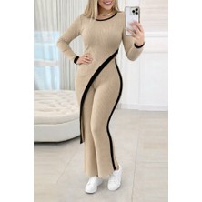 Etiler Collection Kadın Uzun Kollu Bisiklet Yaka Asimetrik Kesim Bluz Şardonlu Kaşkorse Bluz ve Pantolon Ikili Takım