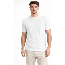 Etiler Collection Erkek Yazlık Fitilli Triko Tişört Kısa Kol Bisiklet Yaka T-Shirt - Beyaz
