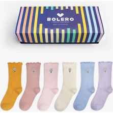 Bolero Kadın Papatya Nakışlı Fırfırlı Çok Renkli Çorap 6'lı Set Yumuşak Pamuklu Konfor