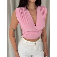 Etiler Collection Vatkalı Kolsuz V Yaka Drapeli Crop Bluz Likralı Fit - Pembe