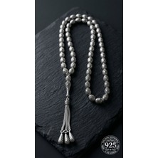 Roza Silver 925 Ayar Oval Kesim 3 Kamçılı Püskül Orta Boy Zırh Örgü Desenli Otantik Gümüş Tesbih 17,5gr