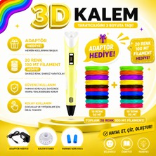 Sarı Renk 3D Kalem 3D Pen Yazıcı Kalem 100+9 Metre Filament Adaptörlü Eğlenceli Tasarım