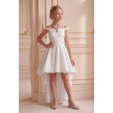 Butik Happy Kids Kız Çocuk Abiye Krem Tafta Kuyruklu Abiye Elbise Gümüş Kordon Kolye Detaylı Abiye  Elbise 10-15 Yaş