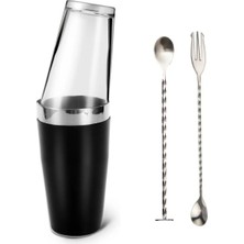 Adin Tasarım Siyah Baston Shaker 750 ml Cam Tokmaklı Bar Kaşığı Çatallı Bar Kaşığı Kokteyl Karıştırıcı Kokteyl Seti 3lü