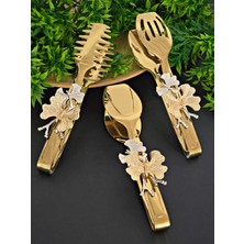 Elta Collection Paslanmaz Çelik Servis Seti Salata Maşası Pasta Küreği Kepçe Servis Kaşığı Çatalı Gold & Çiçek Desenli