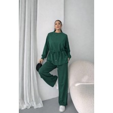 Etiler Collection Kadın Uzun Kollu Bisiklet Yaka Belden Büzgülü Bağcıklı Viskon Iki Iplik Bluz ve Pantolon Ikili Takım