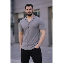 Etiler Collection Erkek Waffle Kumaş Kısa Kollu Düğmeli Açık Yaka Regular Fit Gömlek - Gri