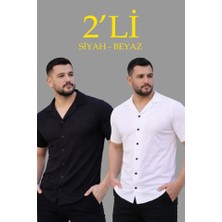 Etiler Collection Erkek Waffle Dokuma Açık Yakalı Düğmeli Regular Kalıp 2’li Gömlek Seti - Siyah - Beyaz
