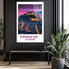 GLAZELLA Edinburgh Iskoçya Kalesi Gün Batımı Manzaralı Cam Tablo