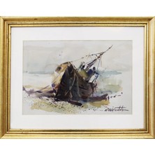 Muguetarts Hayalet Gemi Orjinal Suluboya Tablo - Mehmet Najafzadeh Eseri 38X48 cm
