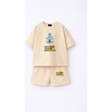 Fasardi Super Bear Adventure Süper Ayı Baskılı Oversize %100 Pamuk Tişört Şort 2li Çocuk Takım