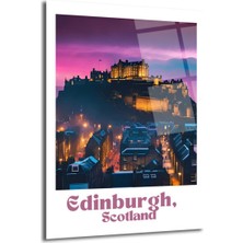 GLAZELLA Edinburgh Iskoçya Kalesi Gün Batımı Manzaralı Cam Tablo