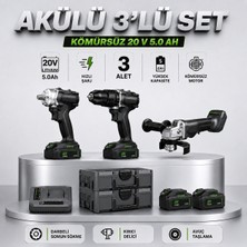 Badem10 Kömürsüz Akülü 3 Parça Set Darbeli Matkap Avuç Taşlama Somun Sökme 20V 5.0AH Çift Akülü