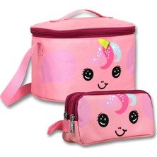 Ümit Çanta Yalıtımlı Beslenme Çantası ve Kalemlik Seti (Pembe) Kız Çocuk Sevimli Unicorn Desenli SETUMT6043