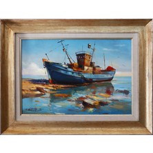 Muguetarts Mavi Tekne Orijinal Yağlıboya Tablo - Mehmet Najafzadeh Eseri 51X67 cm