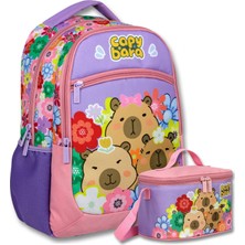 Capybara Kız Çocuk Çiçek ve Capybara Baskılı Okul Çantası+Beslenme Çantası Seti - SETCPB6203B