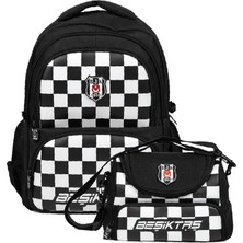Beşiktaş Erkek Çocuk Ilkokul Çantası ve Beslenme Çantası Seti (Dama Baskılı) Siyah - Beyaz - SETBJK26349B