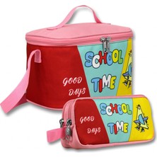Ümit Çanta Yalıtımlı Beslenme Çantası ve Kalemlik Seti (Pembe - Yeşil) Kız Çocuk School Time Baskılı SETUMT6070