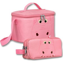 Ümit Çanta Yalıtımlı Beslenme Çantası ve Kalemlik Seti (Pembe) Kız Çocuk Pembe Hipopotam Şekilli SETUMT6031