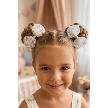 Liliza Accessories Beyaz Gold Çiçekli Balon Tül Fiyonk Çocuk 2li Klips Toka Seti