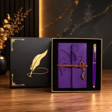 Akıllı Durak Mor Yaprak Desenli Deri Defter - Roller Metal Kalem - Özel Hediye Seti