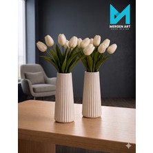 Mergen Art Dekoratif Çizgili Taş Tozu Vazo 17 cm Modern Salon Aksesuarı Çiçeklik, Pineterest Vazo