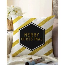 Çift Taraflı Beyaz Zeminde Gold Detaylı Merry Christmas Yazılı Raşel Örme Yastık Kırlent Kılıfı